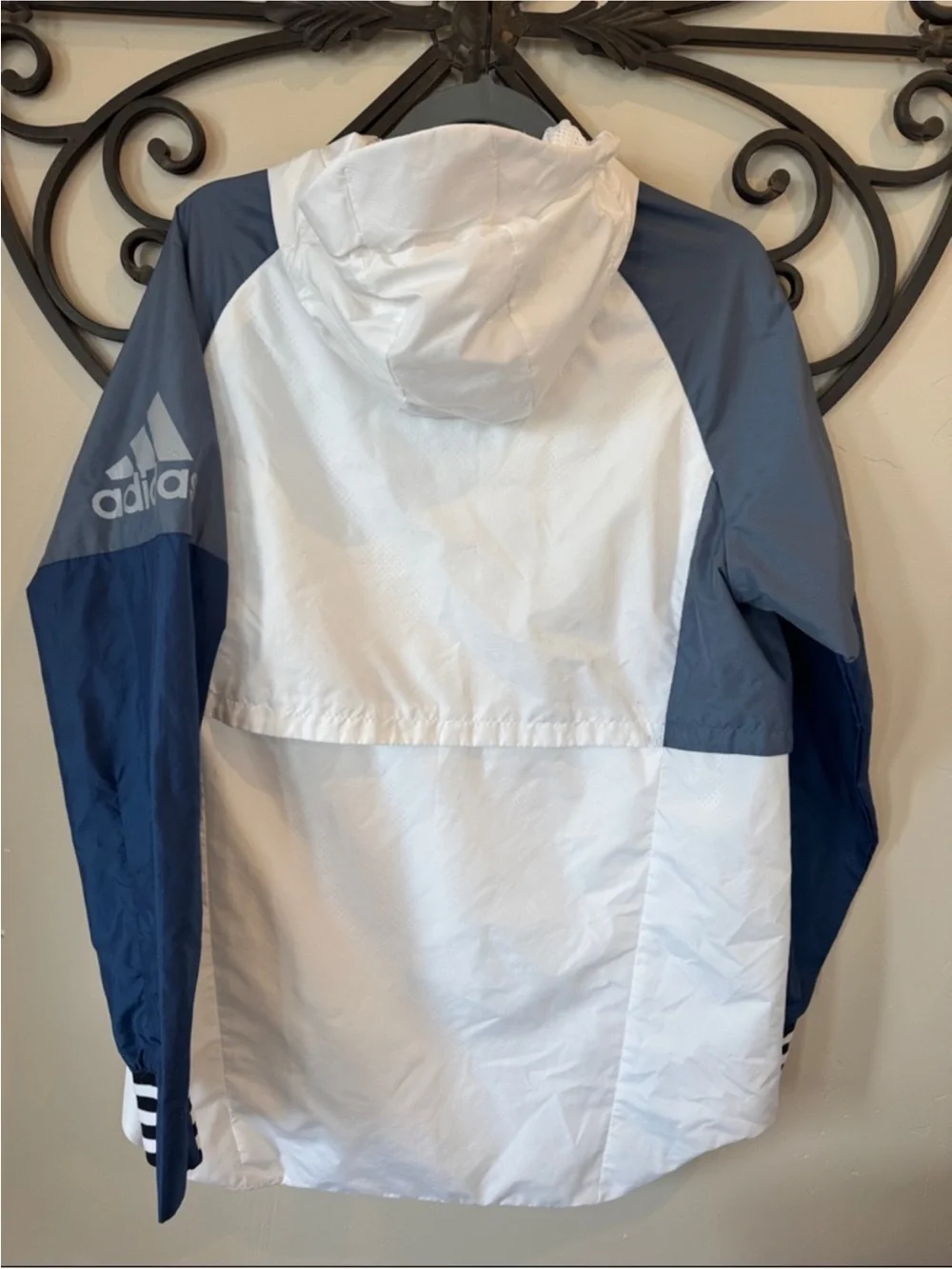 Adidas White and Blue Hooded Windbreaker Jacket - Men's size M